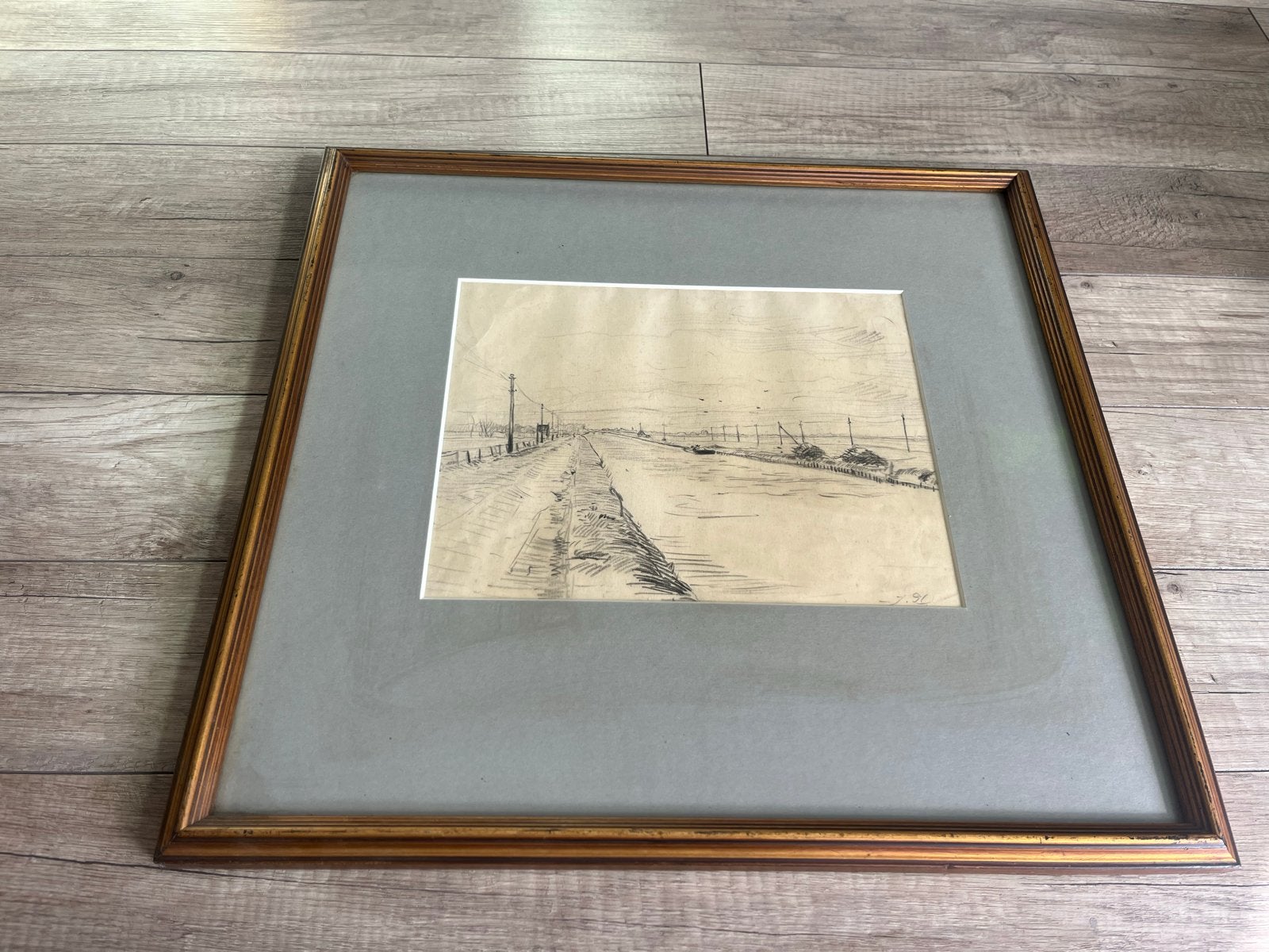 Jan Planting (1893-1955) - Landschap met water en weg, Ophalen of Verzenden, Tekening, Potloodtekening, Achter glas