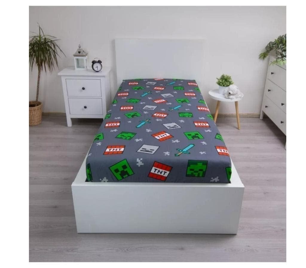 Minecraft Hoeslaken 90x200 cm - Grijs - Katoen, Kinderen en Baby's, Hoeslaken of Sloop, Nieuw, Ophalen of Verzenden, Nvt