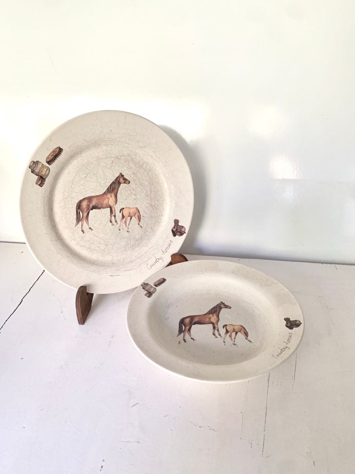 Bord en soepbord met paardenprint - Country Horses, Gebruikt, Keramiek, Landelijk/Boerenbont, Ophalen of Verzenden
