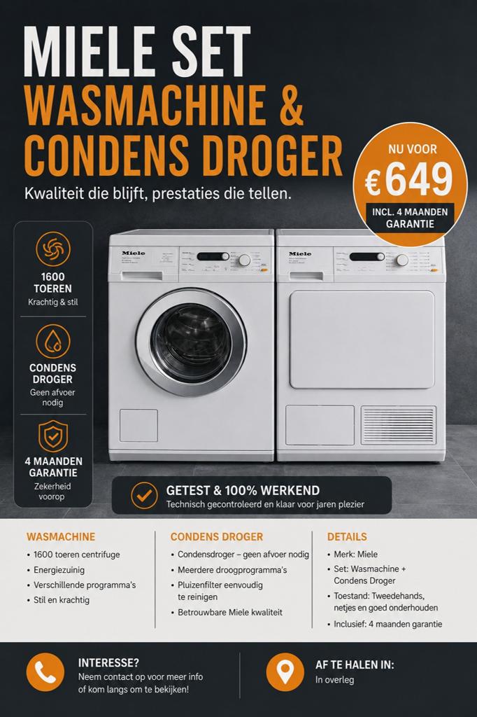 Miele setje wasmachine en condens droger 7KG inc Garantie, Refurbished, Ophalen of Verzenden, Voorlader, Witgoedserviceapeldoorn@hotmail.com