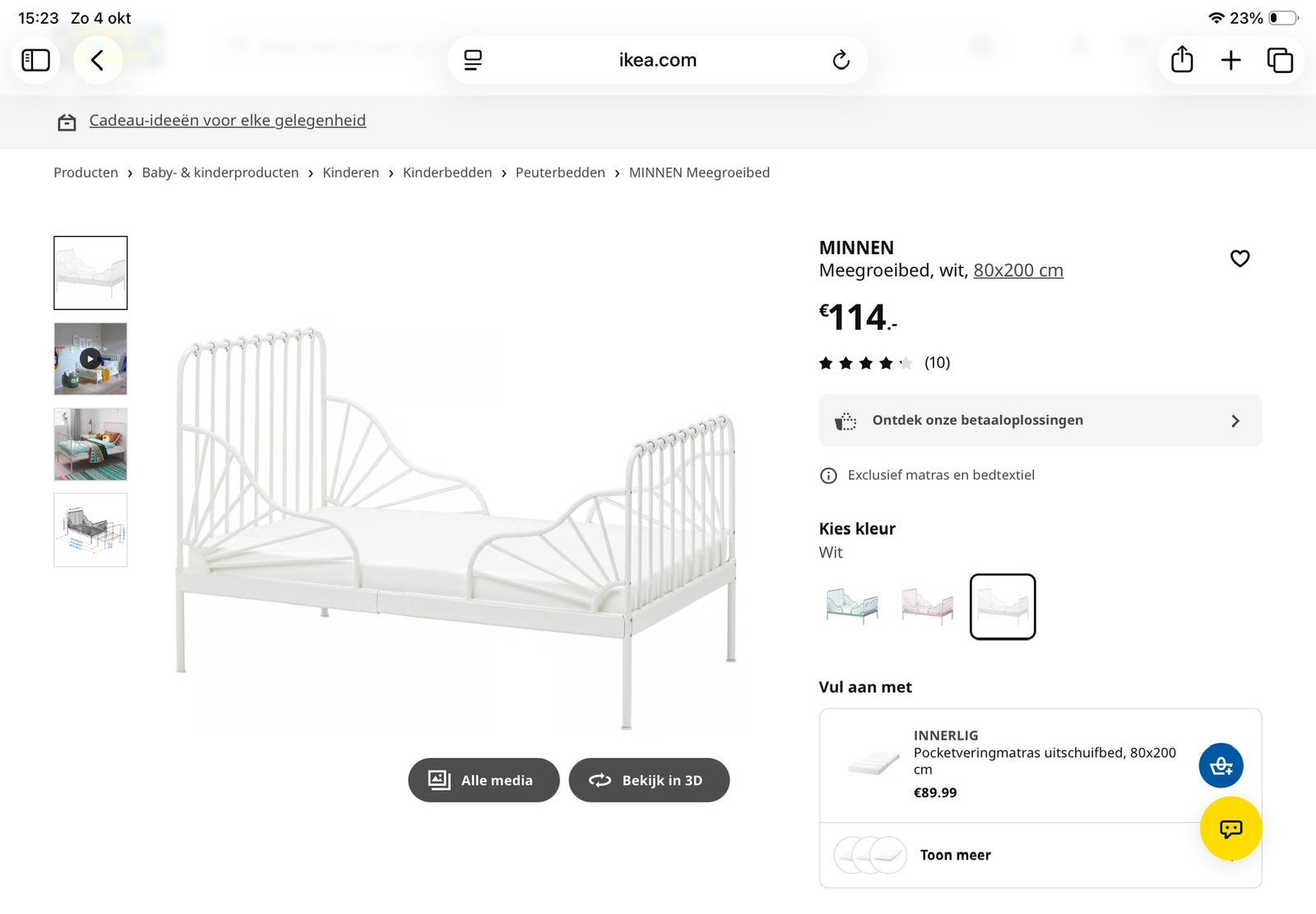 Kinderbed uitschuifbaar wit, Ophalen, 70 tot 85 cm, Zo goed als nieuw, Lattenbodem