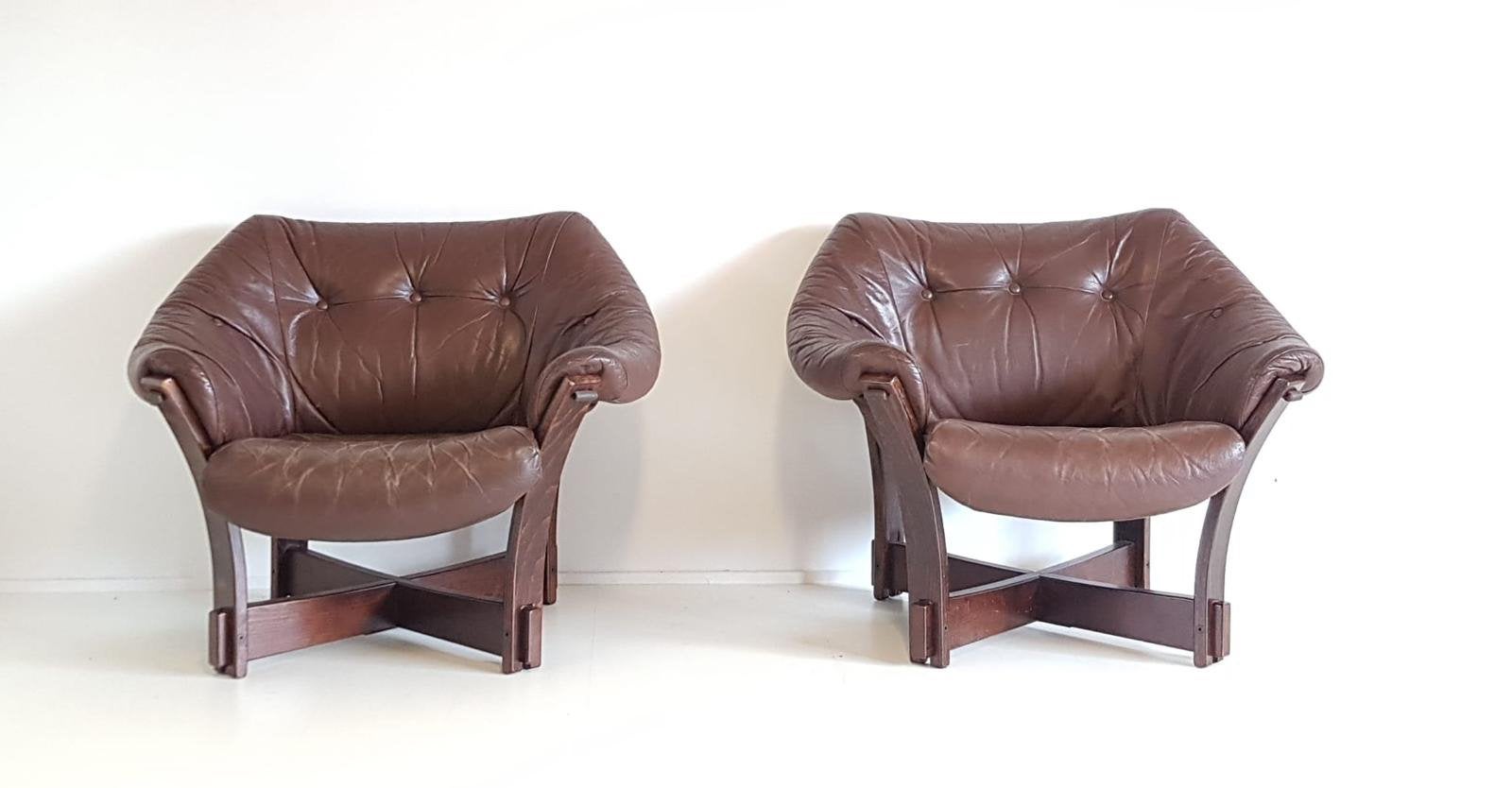 Vintage brutalist armchairs | leather brown SETPRIJS, Ophalen of Verzenden