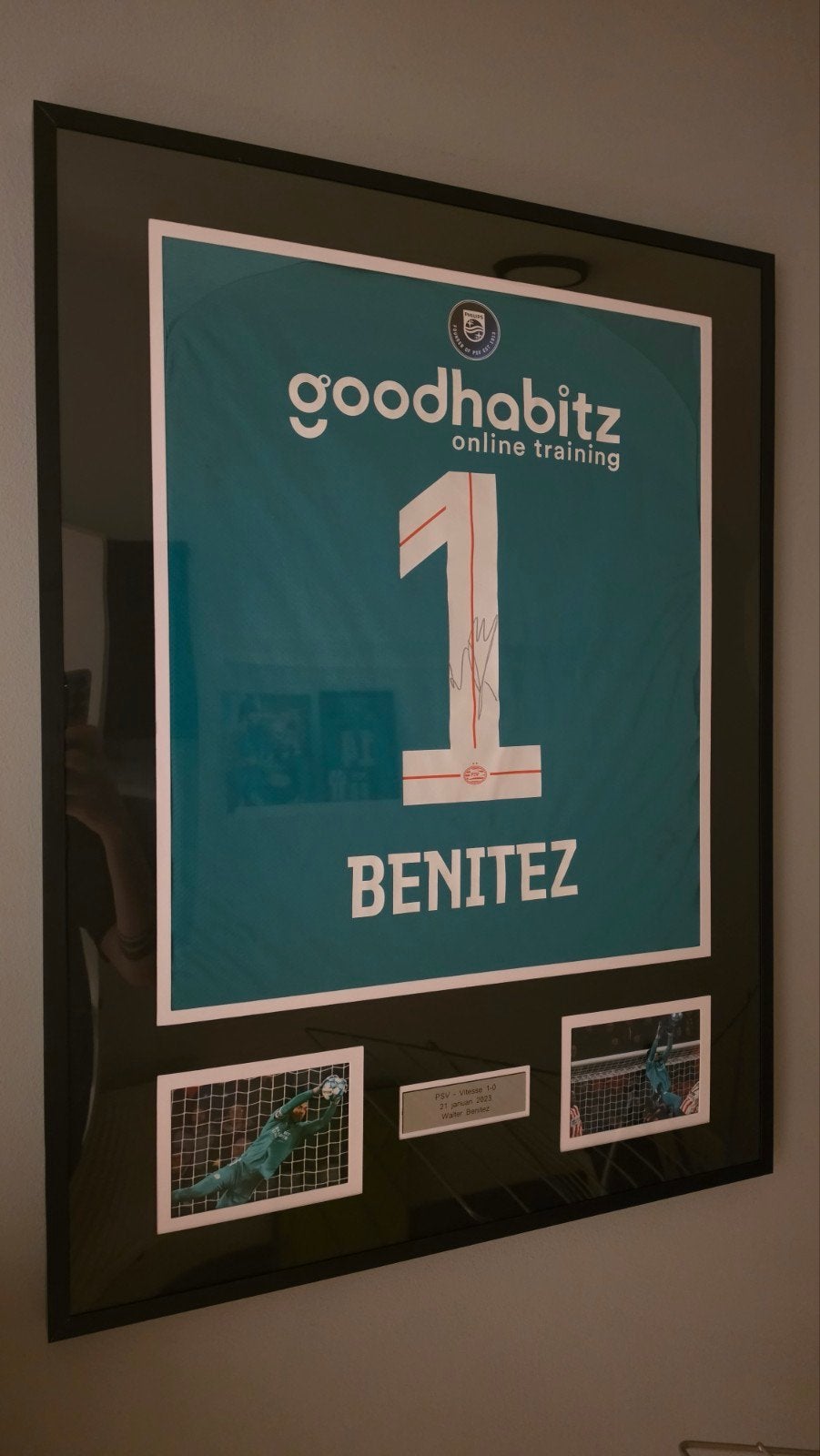 Ingelijst Matchworn gesigneerd PSV Benitez shirt, Overige materialen, Ophalen of Verzenden, Zo goed als nieuw, 75 cm of meer