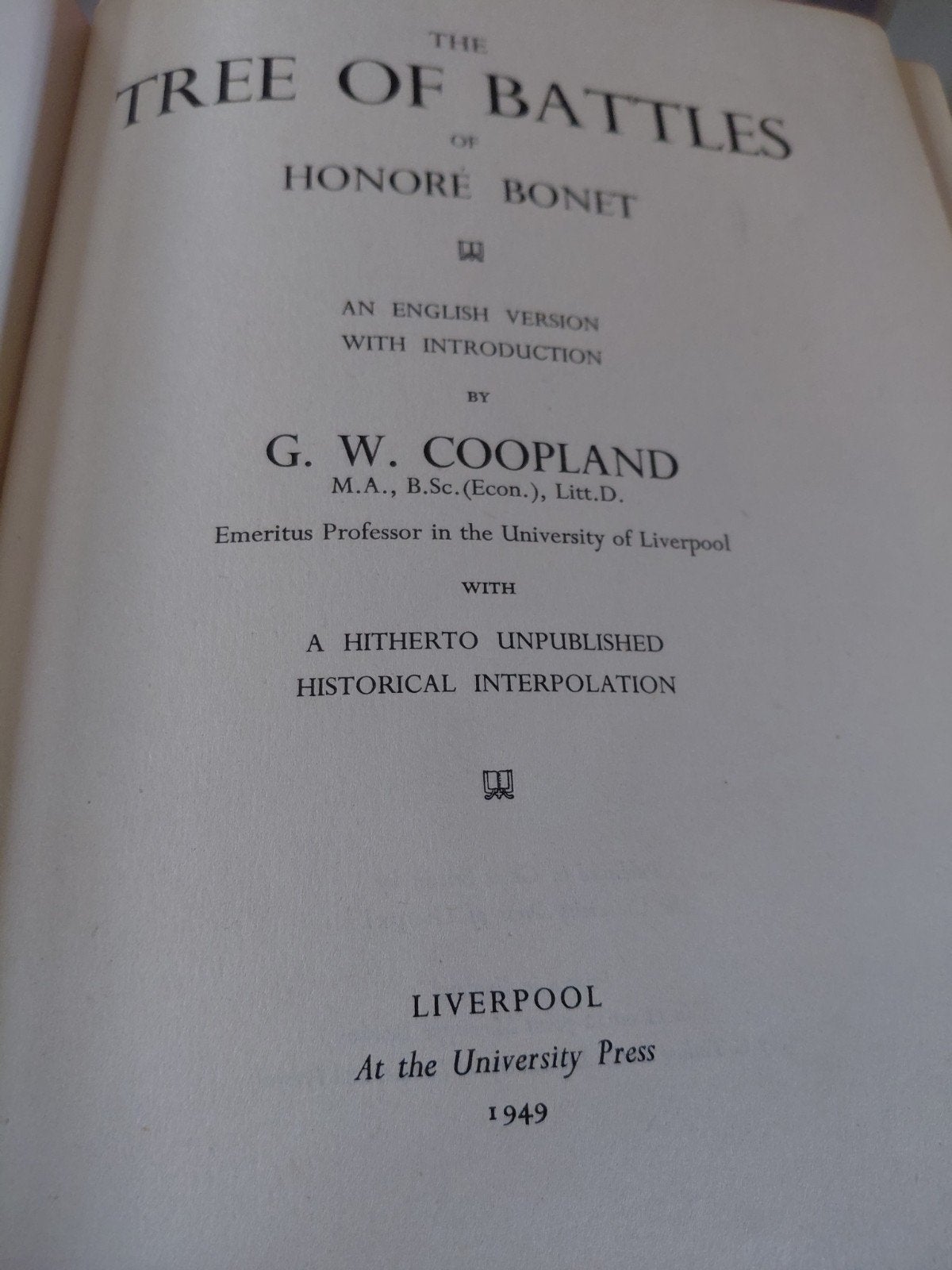 The Tree of Battles - Honore Bonet (1949), Ophalen of Verzenden, 20e eeuw of later, Gelezen, Honoré Bonet, G.W. Coopland