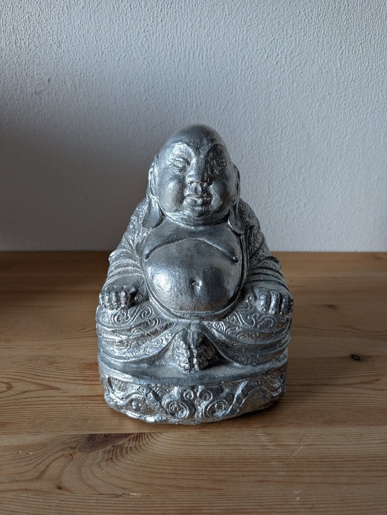 Zilverkleurig Happy Boeddha beeld, Ophalen, 20 cm, Zo goed als nieuw, Zilver