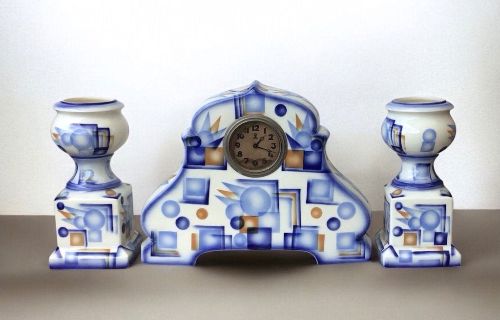 Art Deco schouwgarnituur (spritzdekor), Ophalen of Verzenden