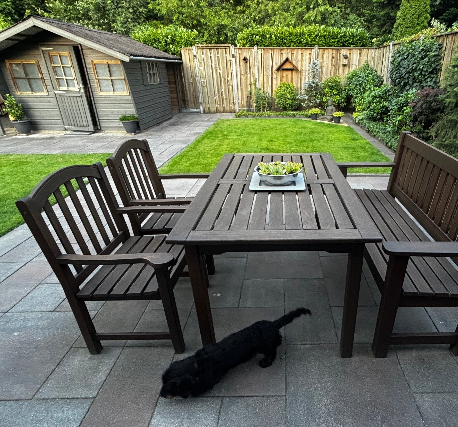 Mooie zware hardhouten tuinset. Houten tafel, stoelen & bank, Tuin en Terras, Tuinsets en Loungesets, Ophalen, 5 zitplaatsen, Bank