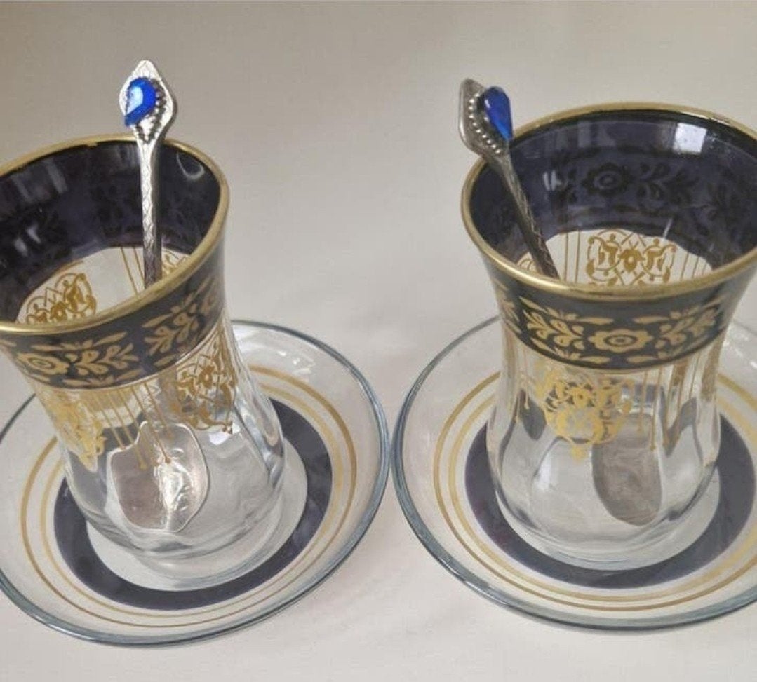 Luxe Turkse theeglazen met schotels en lepels - Nieuw!, Ophalen, Nieuw, Glas, Glas of Glazen