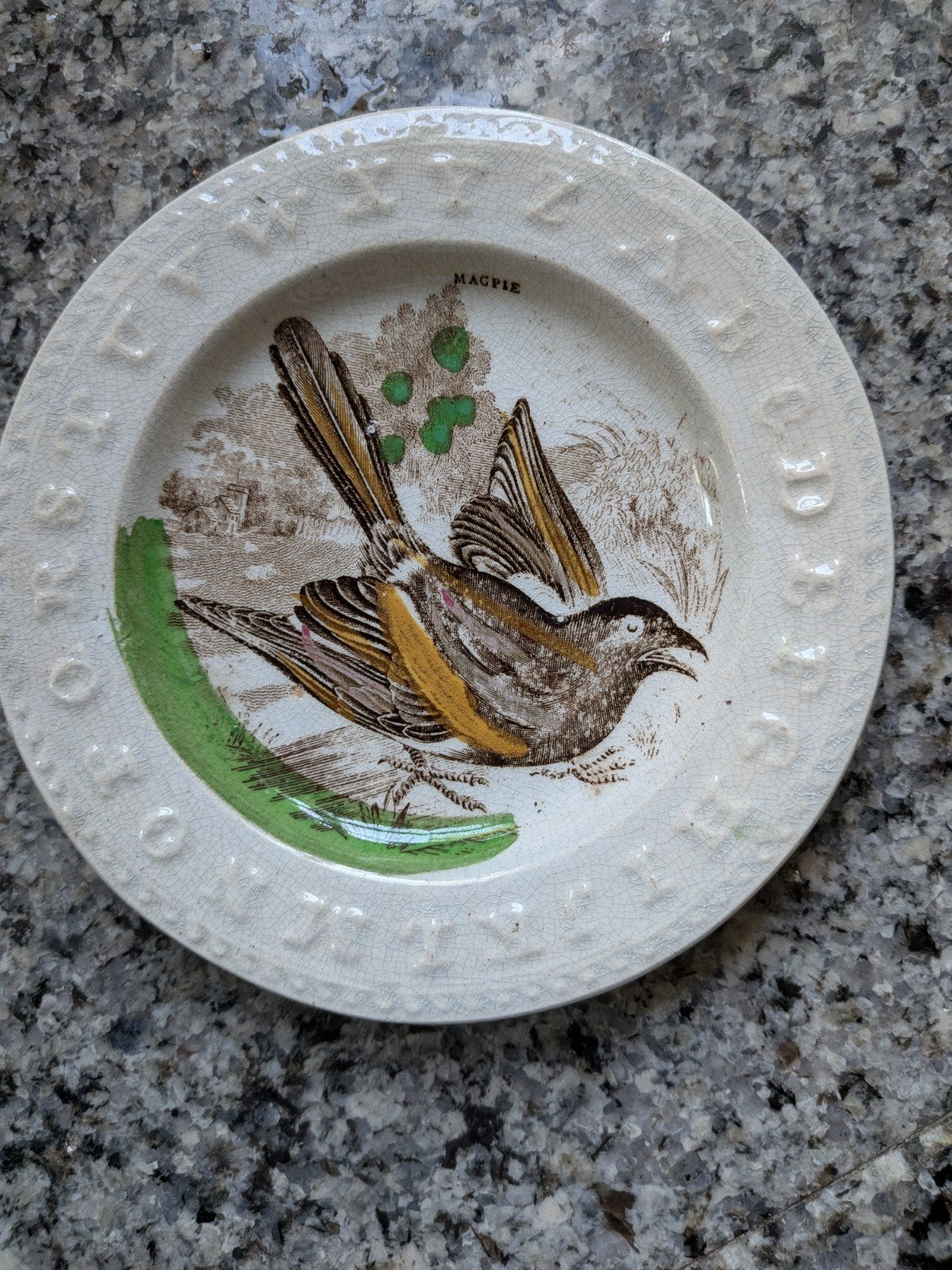 Antiek kinderbordje met ekster - "Magpie" decor, Ophalen of Verzenden