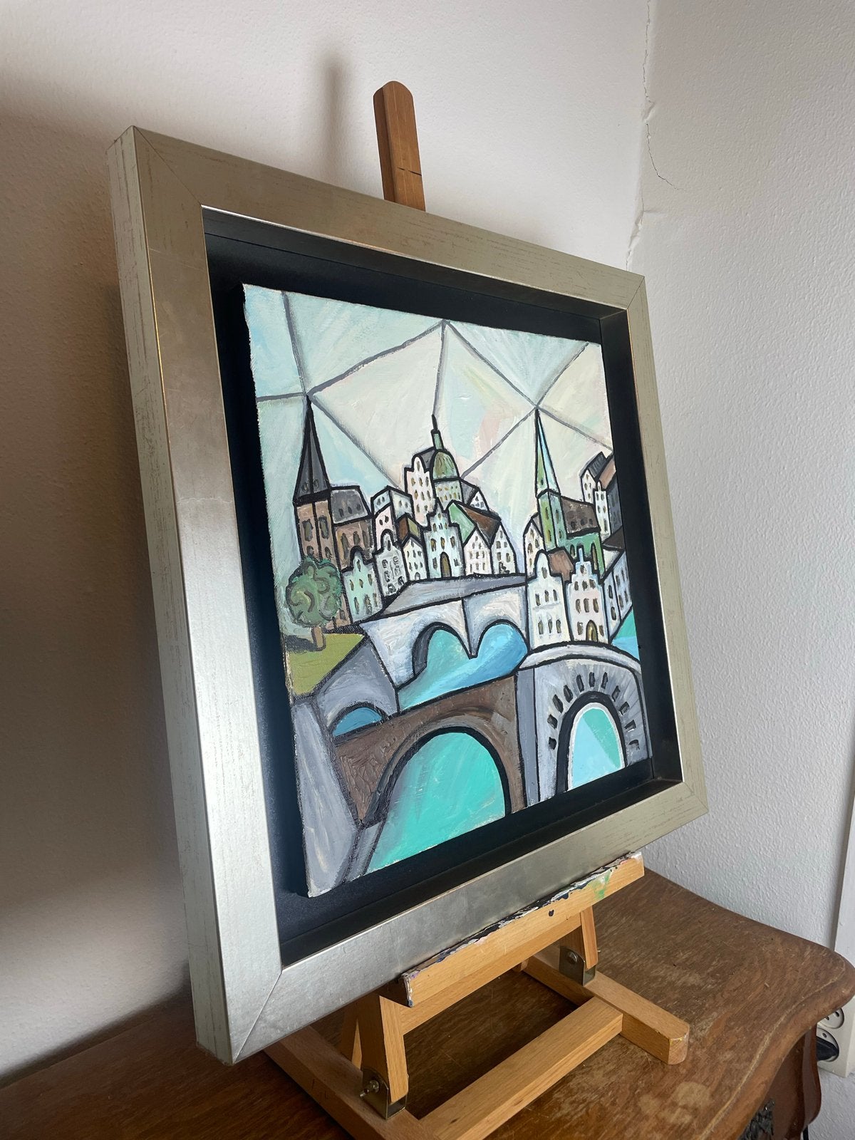 Schilderij Amsterdam - Picasso-achtige stijl, Antiek en Kunst, Ophalen, Handgeschilderd, Olieverf, Overige materialen