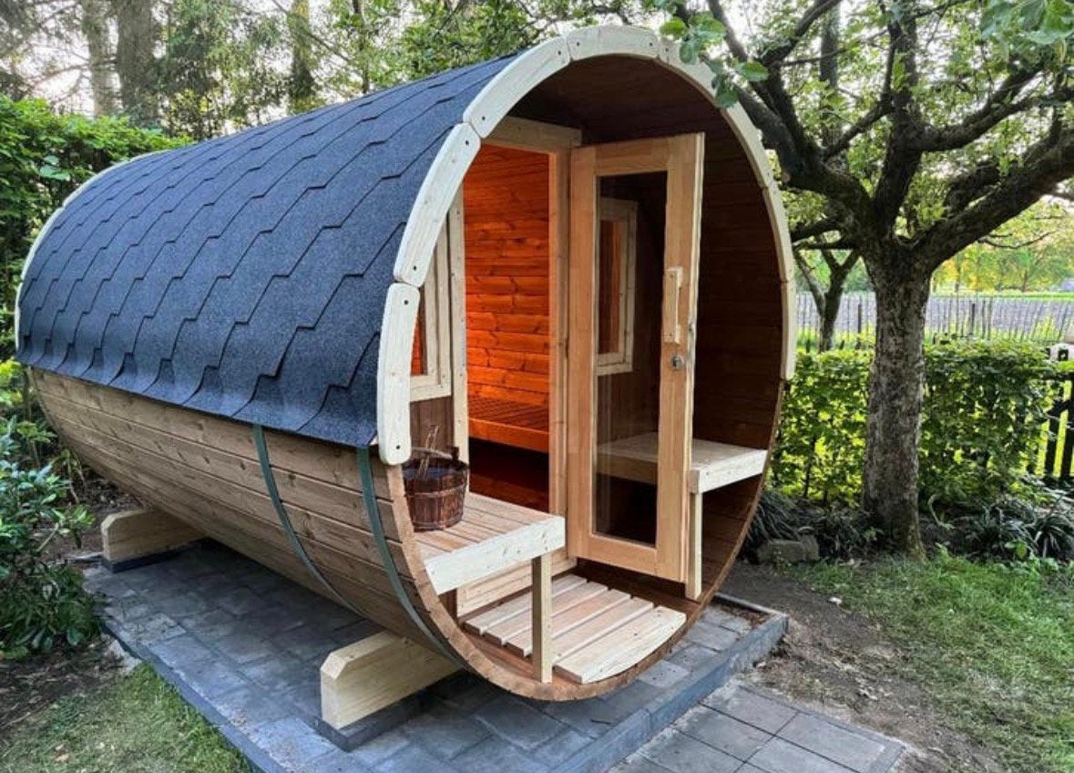 Sauna barrel thermowood 300 cm met electrisch of houtkachel, Sport en Fitness, Sauna, Fins of Traditioneel, Ophalen of Verzenden