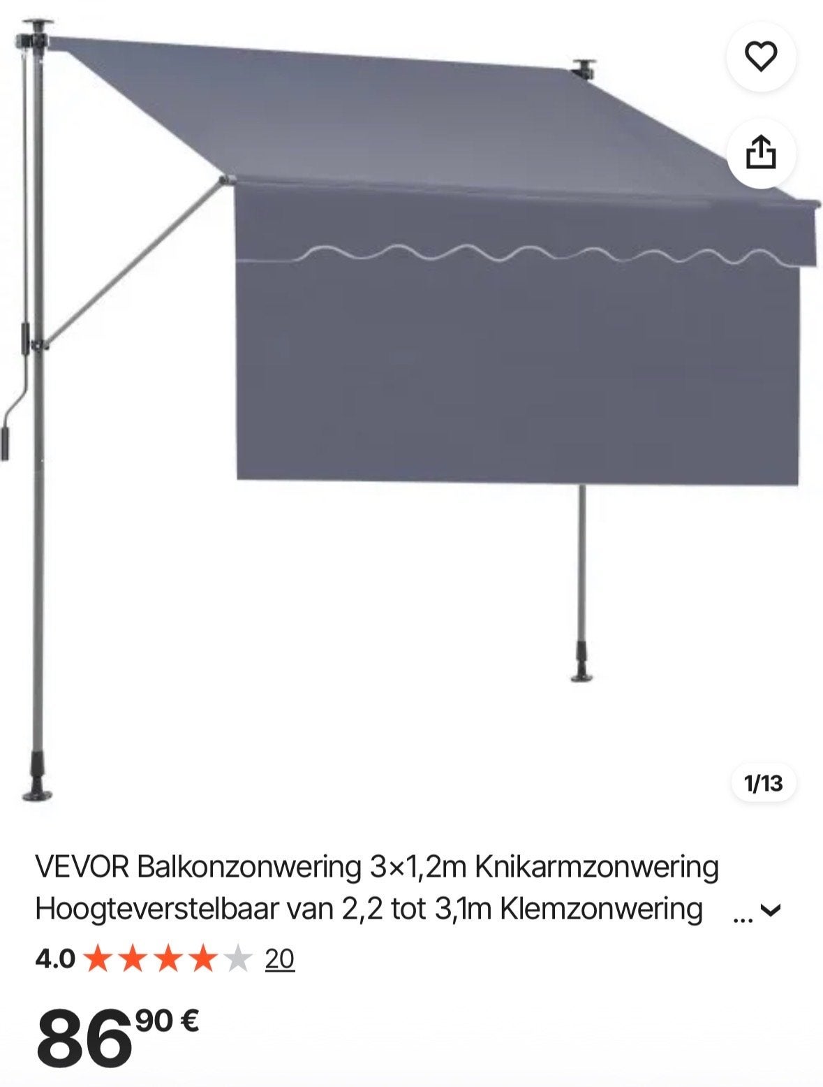 VEVOR Balkonzonwering 3x1,2m Knikarmzonwering, Tuin en Terras, Nieuw, Ophalen of Verzenden, 250 cm tot 450 cm, Knikarmscherm