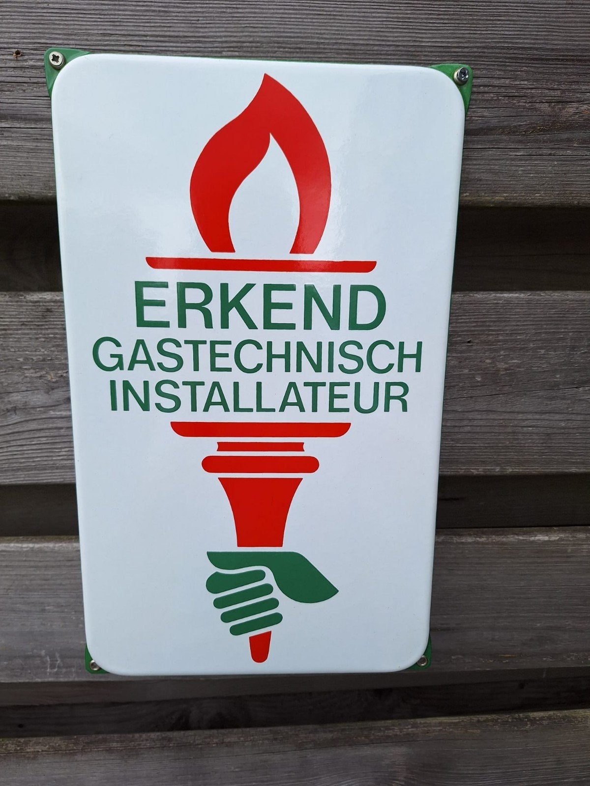 Emaille reclamebord Erkend Gastechnisch Installateur, Ophalen of Verzenden, Gebruikt, Reclamebord