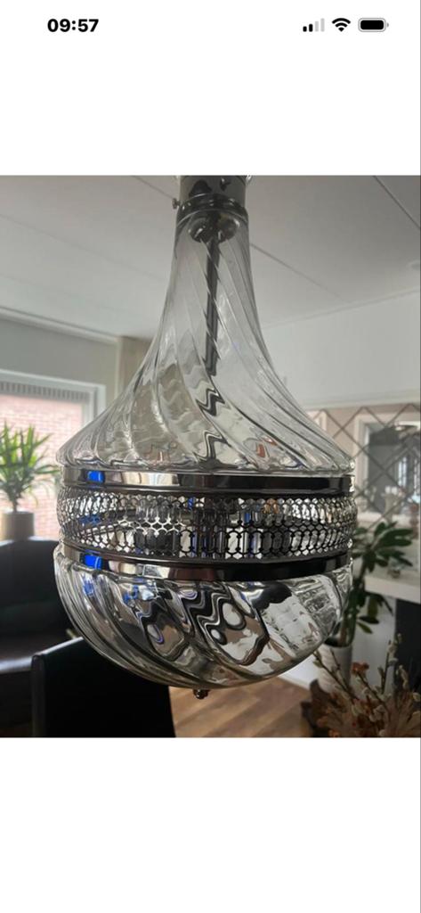 Prachtige glazen hanglamp met metalen details, Ophalen, Zo goed als nieuw, Glas, 75 cm of meer