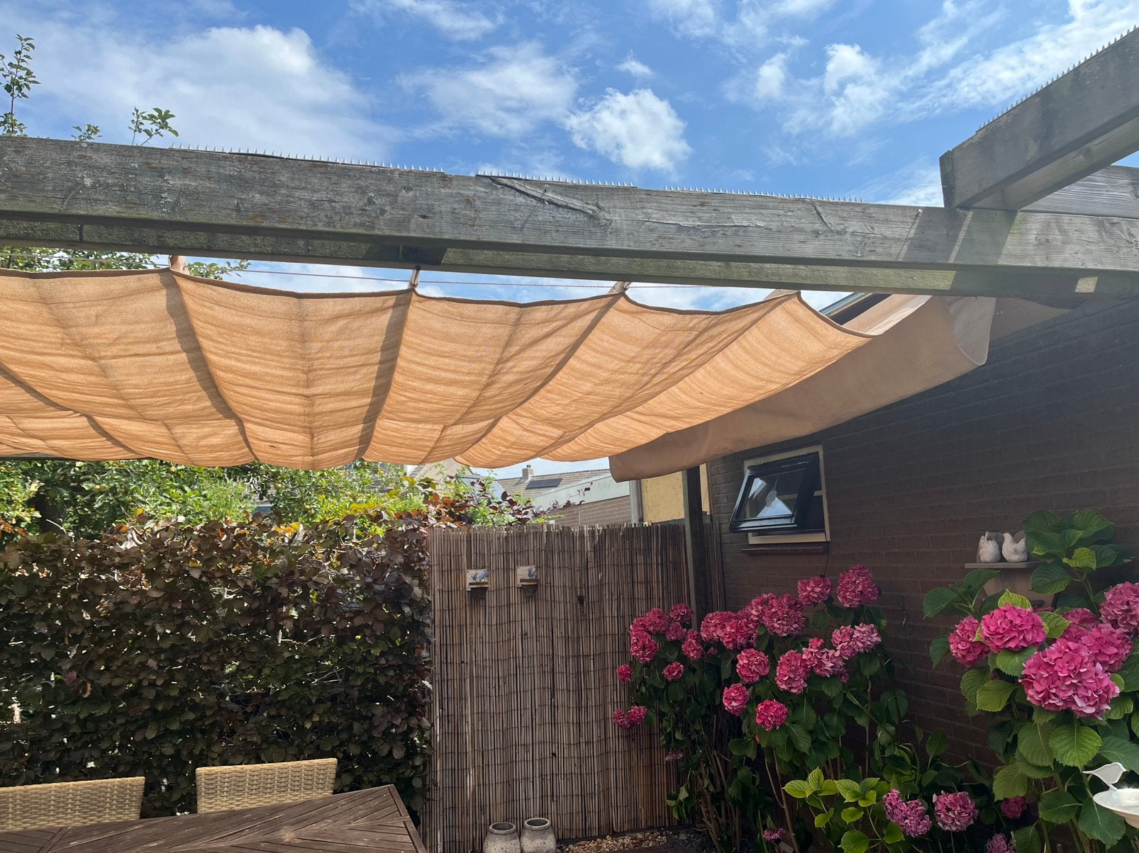 Harmonica doek beige met geleiders, Ophalen of Verzenden, Gebruikt, Tuinpaviljoen