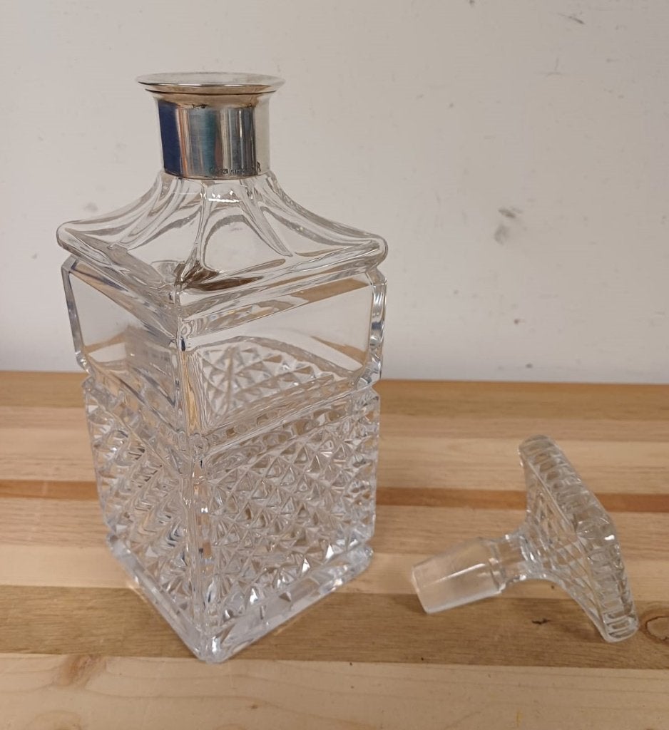 Kristallen whiskey karaf met zilveren schenkrand, Ophalen of Verzenden