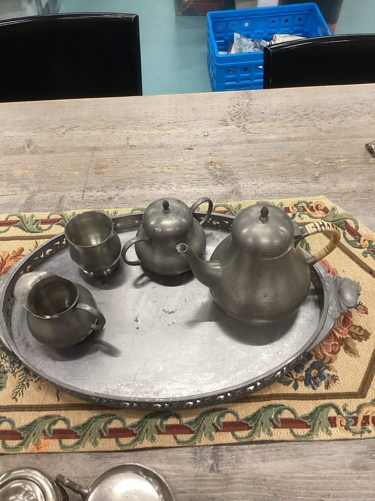 Vintage tinnen theeservies met dienblad, Antiek en Kunst, Ophalen