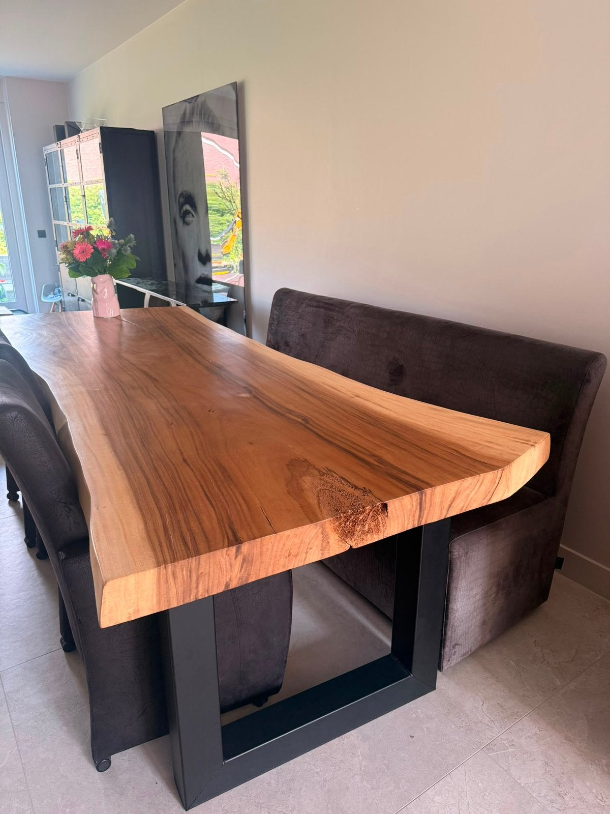 Exclusieve massief acaciahouten boomstamtafel, Ophalen, Gebruikt, 100 tot 150 cm, 200 cm of meer