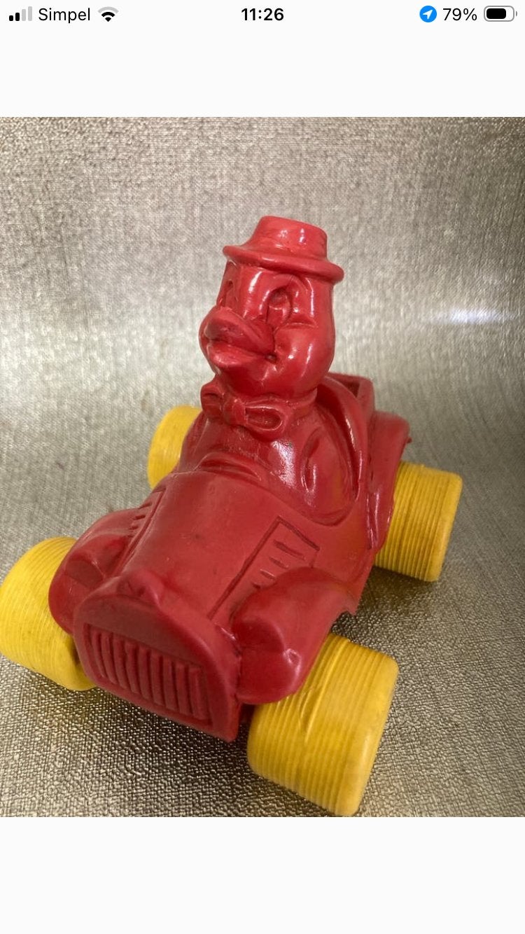Vintage Duck in rubber auto - 8,5 cm, Verzamelen, Disney, Ophalen of Verzenden, Gebruikt