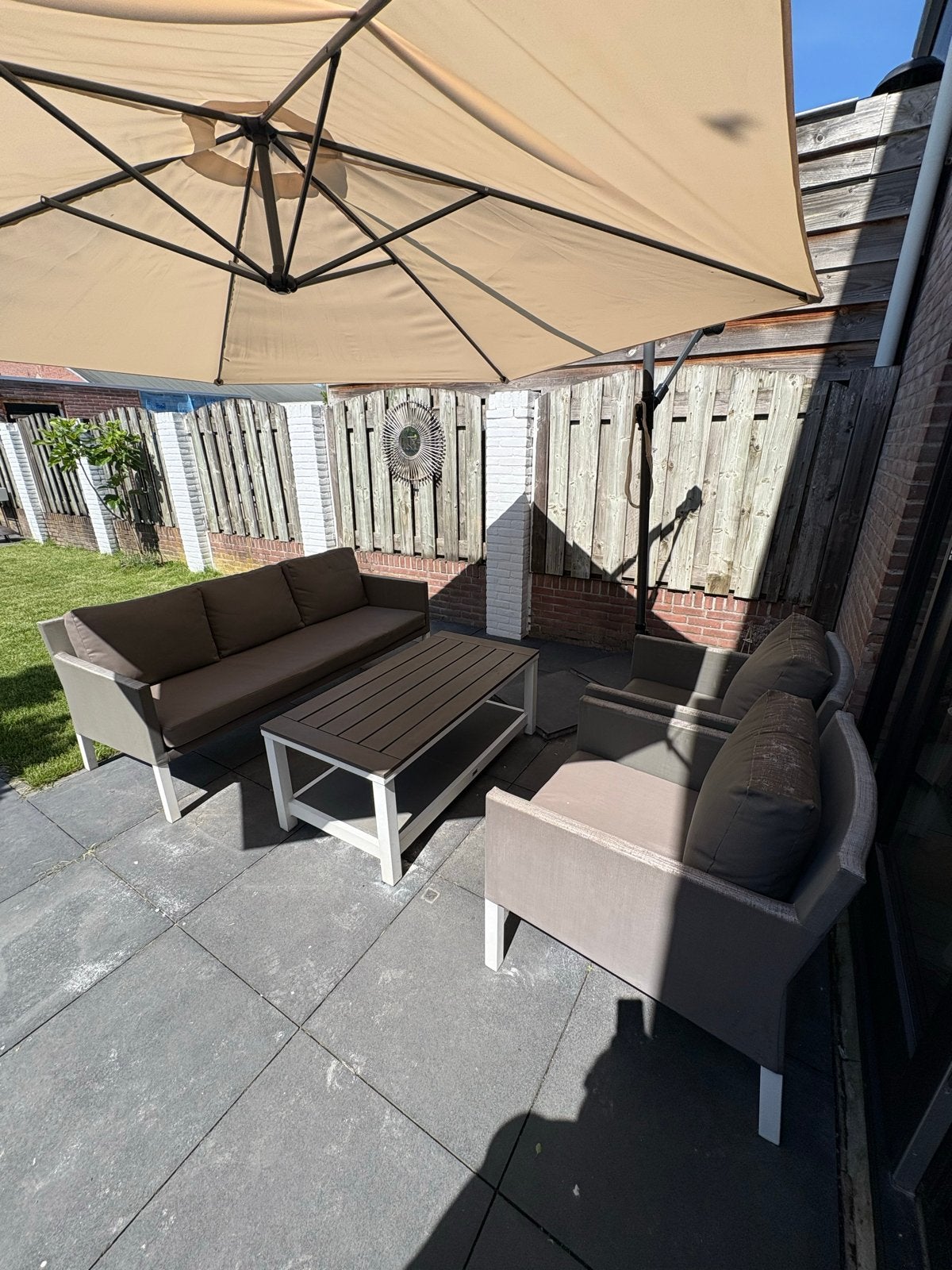 Loungeset met 3-zitsbank, 2 fauteuils en tafel, Tuin en Terras, Tuinsets en Loungesets, Ophalen, Gebruikt, Loungeset, Bank