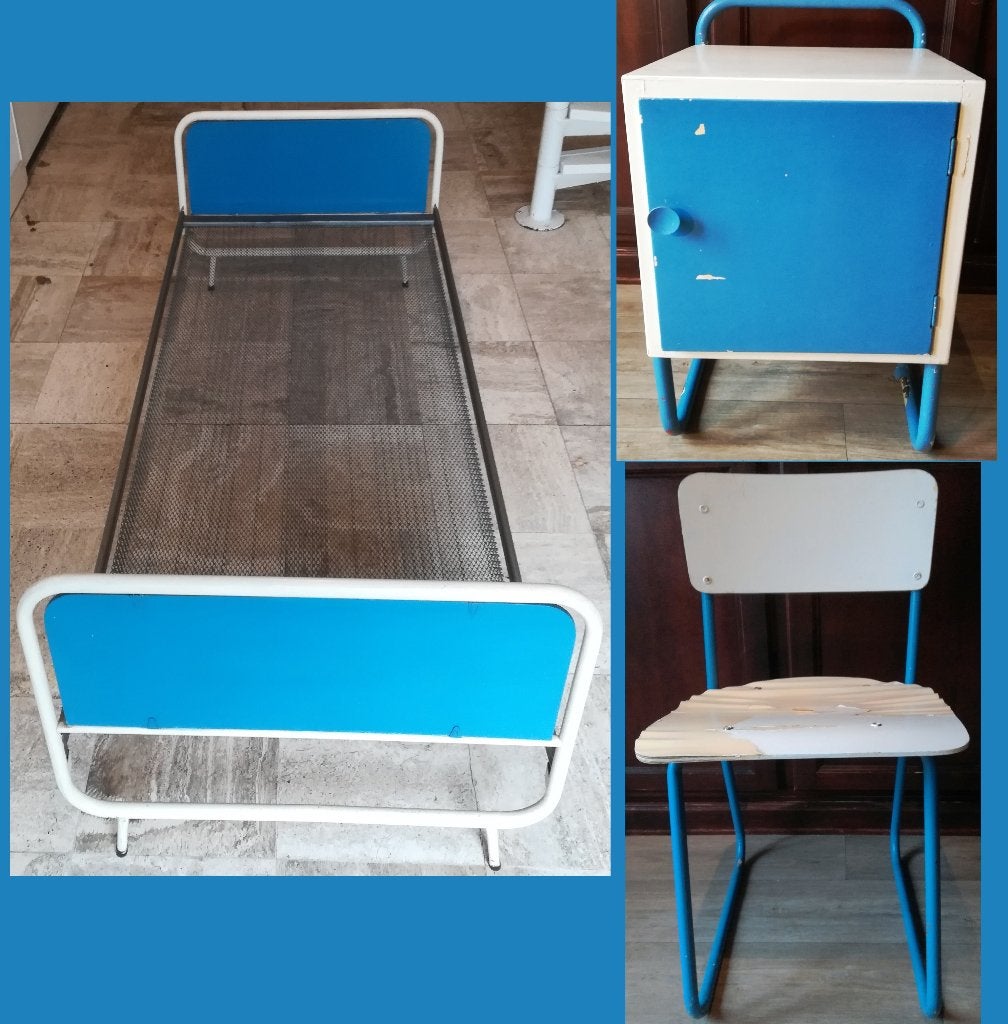Vintage/retro bed, nachtkastje, stoel, Ophalen, Gebruikt, 90 cm, 190 cm of minder