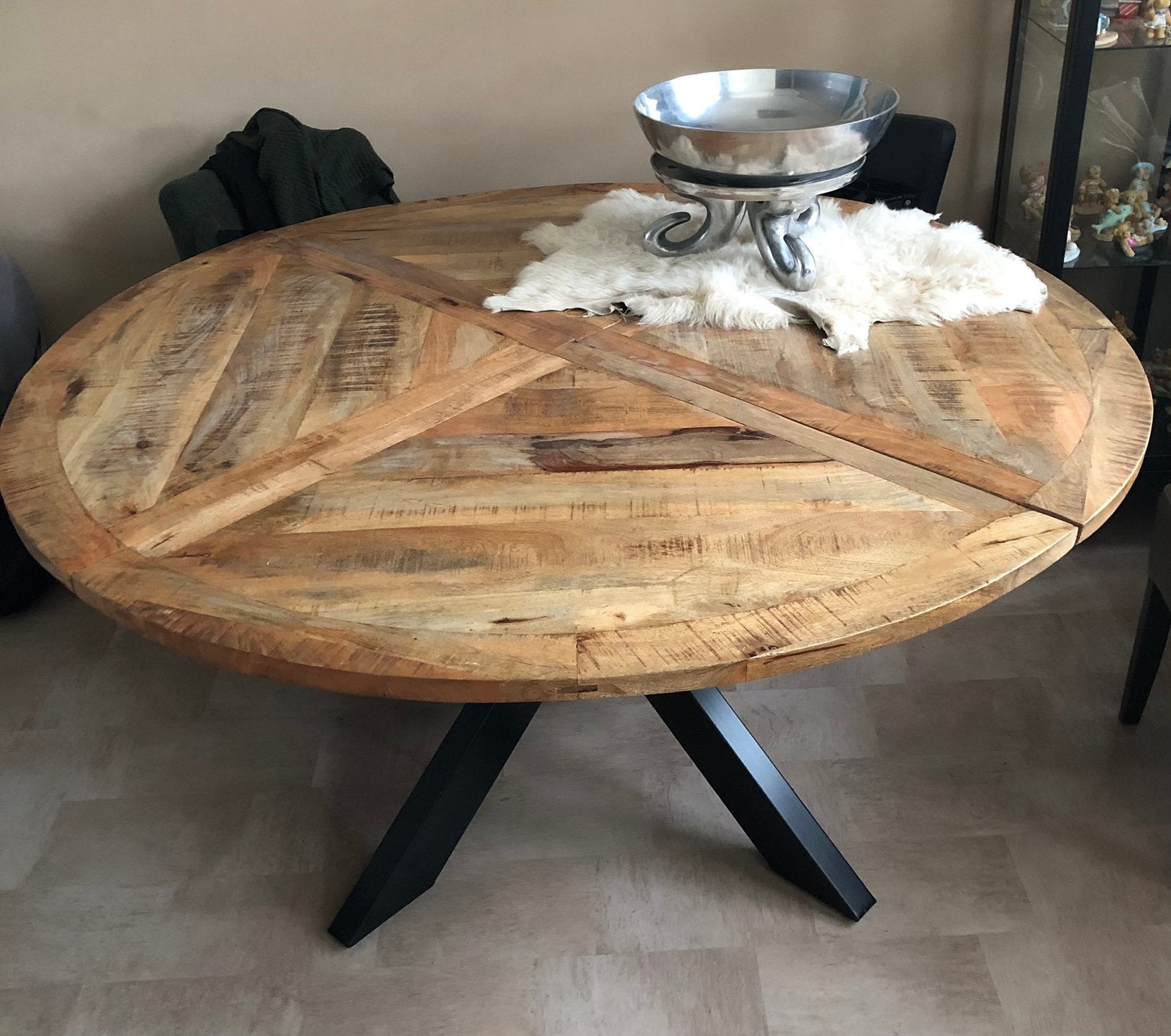Eettafel mangohout, Ophalen, Zo goed als nieuw, Rond, 100 tot 150 cm