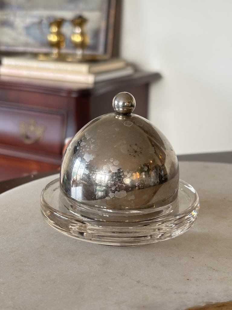 Vintage kleine glazen verzilverde Botervloot, Antiek en Kunst, Ophalen of Verzenden