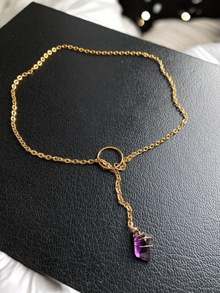 Amethist ketting Lariat verguld14K, Sieraden, Tassen en Uiterlijk, Kettingen, Paars, Nieuw, Ophalen of Verzenden, Steen of Mineraal