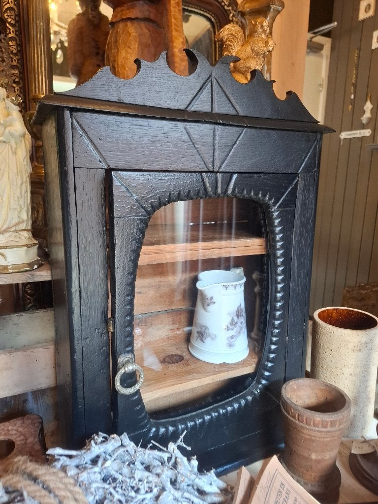 zwart brocante hangkastje, vitrinekastje, Ophalen of Verzenden