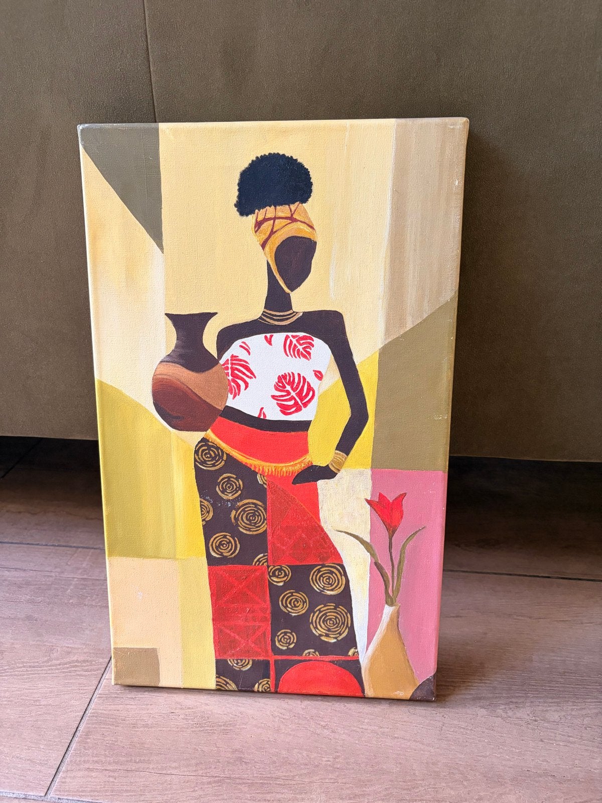 Schilderij Afrikaanse Vrouw met Vaas, Afrika, Handgemaakt, Ophalen of Verzenden, Meerkleurig