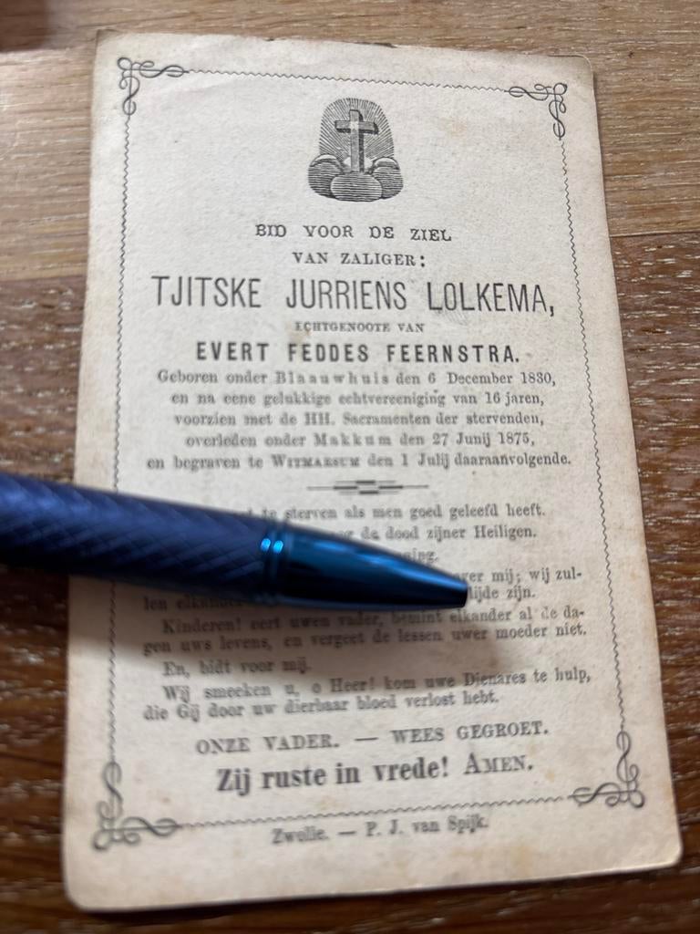 Zeer oud- Lolkema Tjitske Blauwhuis 1875 Makkum x Feernstra, Verzamelen, Bidprentjes en Rouwkaarten, Ophalen of Verzenden, Bidprentje