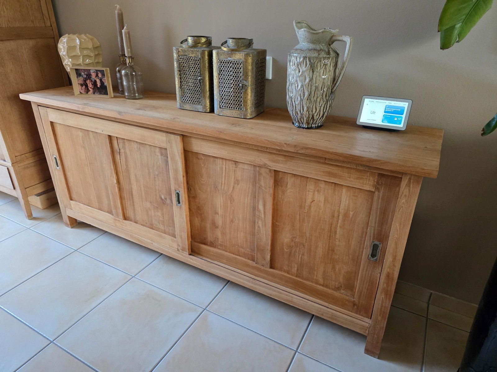 Teak houten dressoir met schuifdeuren, Ophalen, Met plank(en), Gebruikt, 150 tot 200 cm