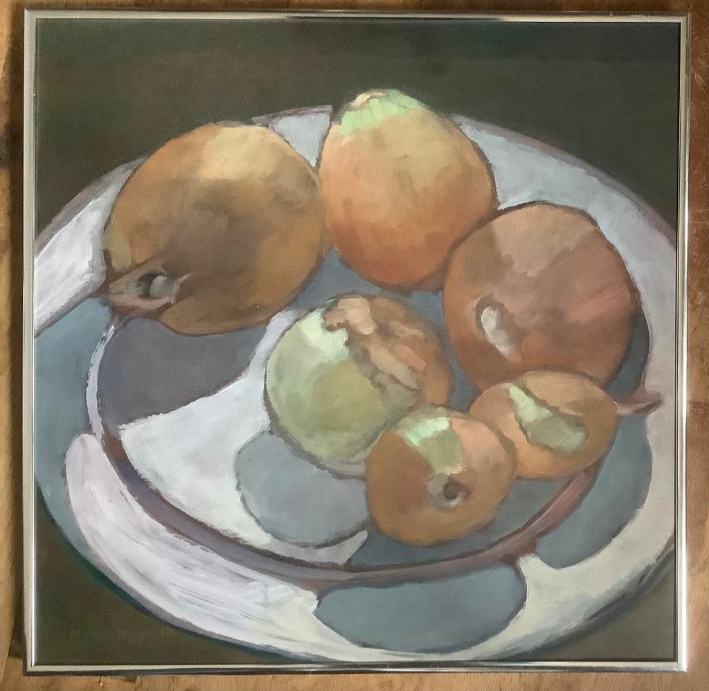 Stilleven, schilderij, uien op bord, Weatherall, USA, VS,, Antiek en Kunst, Kunst | Schilderijen | Klassiek, Ophalen of Verzenden