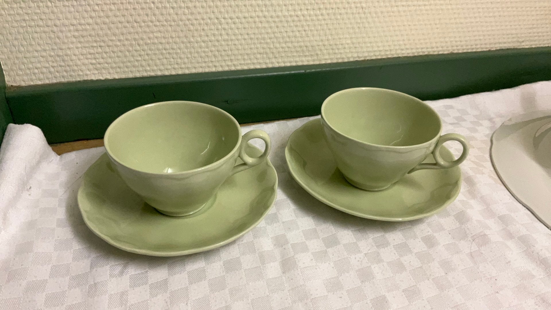 Grindley engeland almond petal theekopjes, celadon vintage, Ophalen of Verzenden