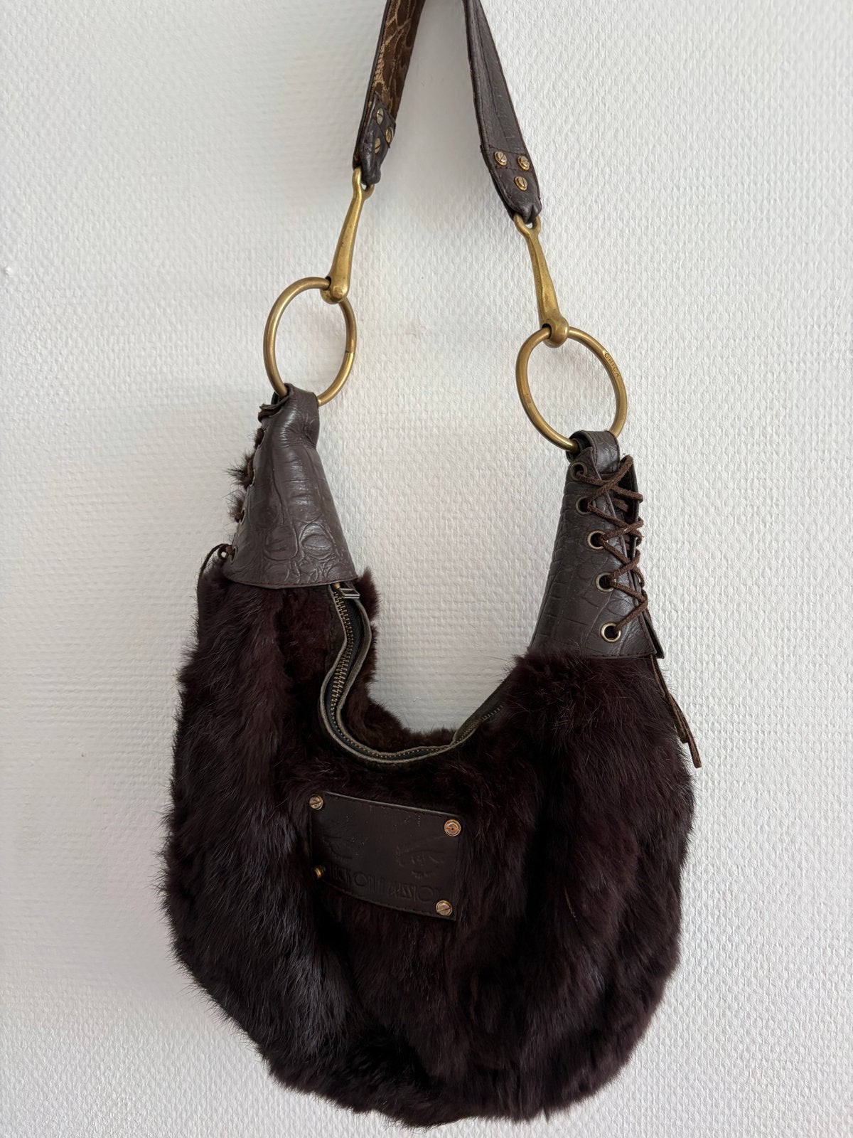 Donkerbruine bonten handtas met leren details, Ophalen of Verzenden, Gebruikt, Bruin, Handtas