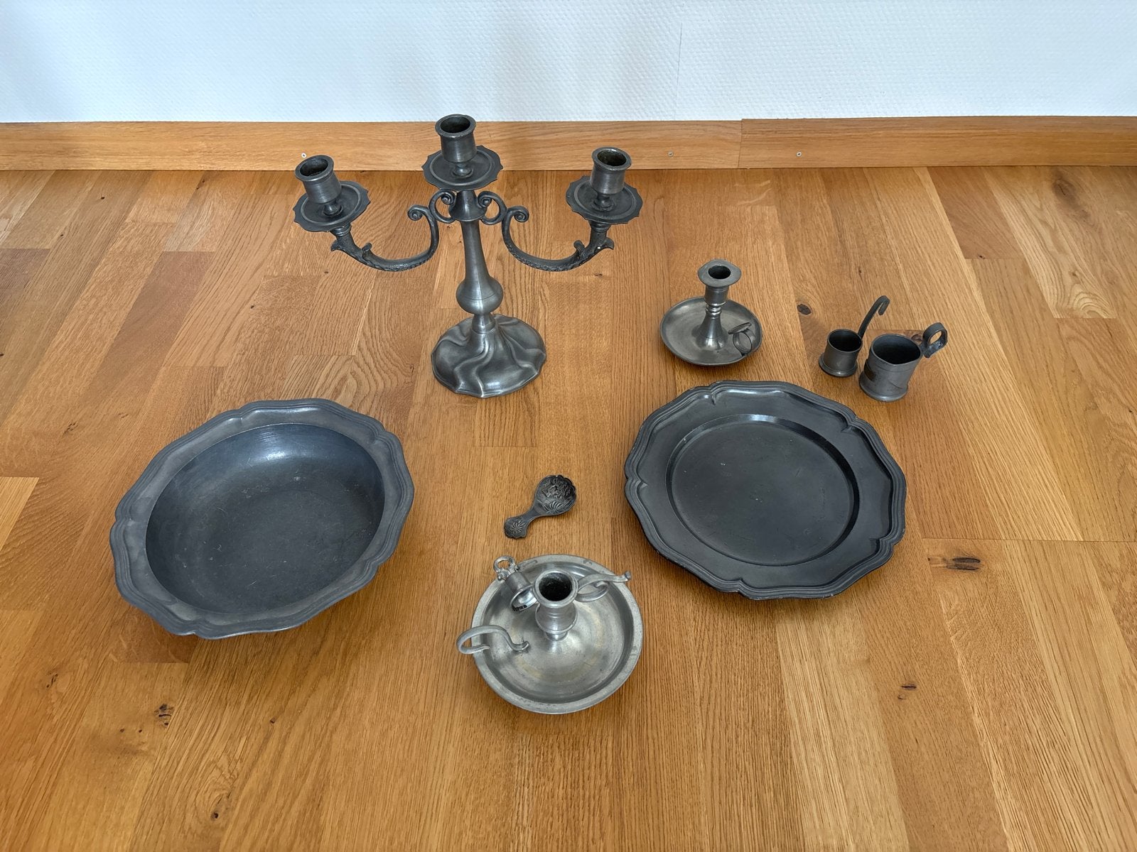 Antiek Tinnen Servies en Kandelaars Set Tin, Ophalen of Verzenden, Overige materialen