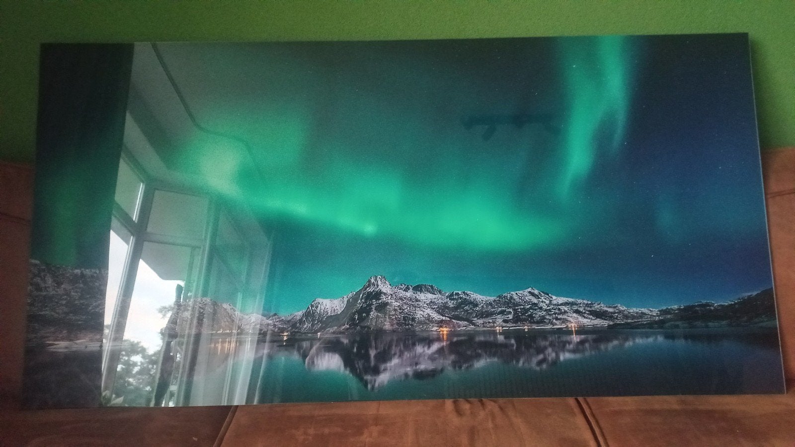 Schilderij Lofoten Aurora Reflectie 150x75 cm, Kunststof, Ophalen of Verzenden, Print, Landschap