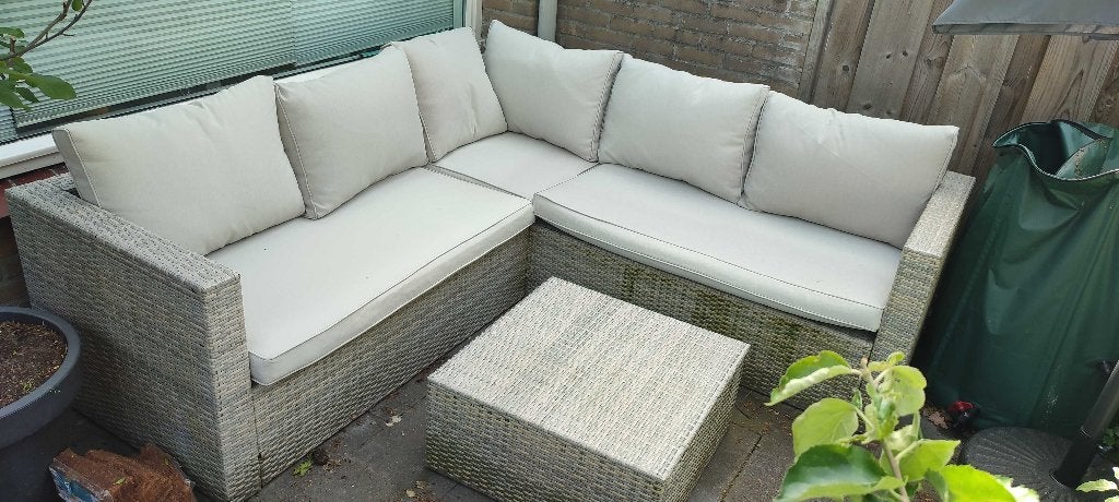 Hoekbank tuinset met tafel en kussens, Ophalen, Gebruikt, Teakhout, Bank