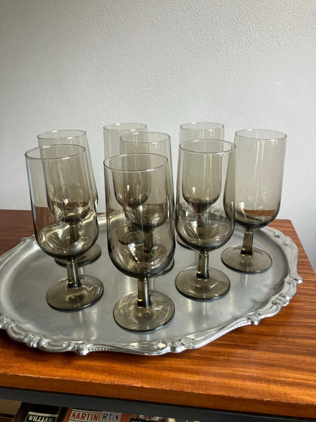 Set van 8 vintage rookglas glazen op voet, Glas of Glazen, Overige merken, Vintage, Ophalen of Verzenden