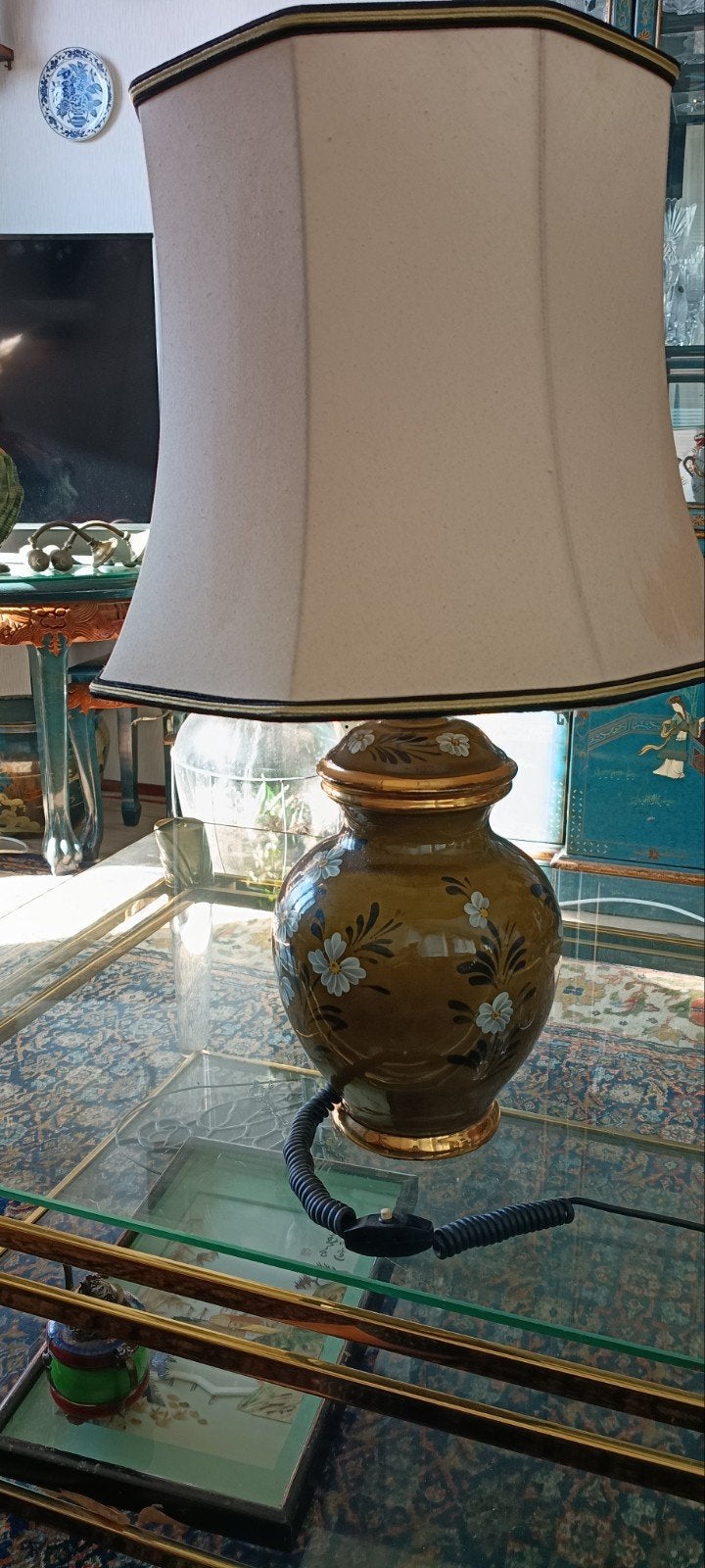 Vintage Tafellamp bladgoud met Bloemenpatroon, Antiek en Kunst, Antiek | Lampen, Ophalen of Verzenden