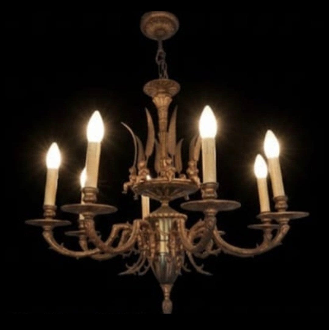Empire kroonluchter met 8 lampen - cherubs messing, Ophalen of Verzenden