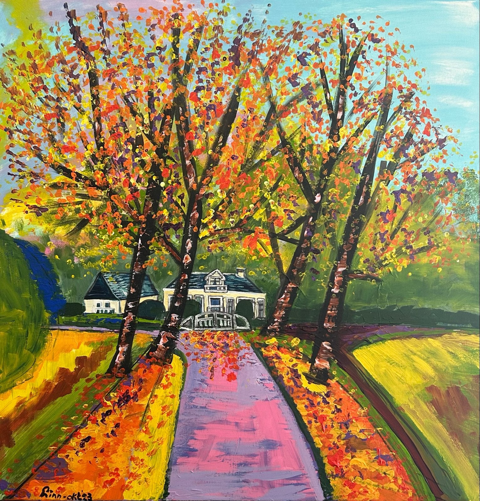 Schilderij Rensumaborg in herfstkleuren, Handgeschilderd, Olieverf, Textiel, Landschap