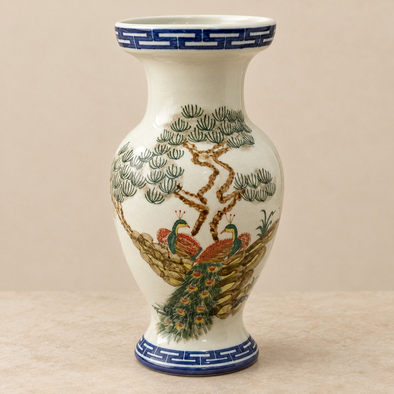 Prachtige Vintage Chinese Vaas met Pauwen en Pioenrozen 32cm, Ophalen of Verzenden