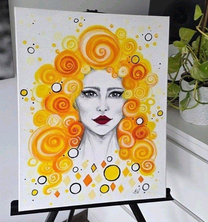 Handgeschilderd schilderij – vrouw met oranje haar – 40x50, Antiek en Kunst, Kunst | Schilderijen | Modern, Ophalen, Acrylverf