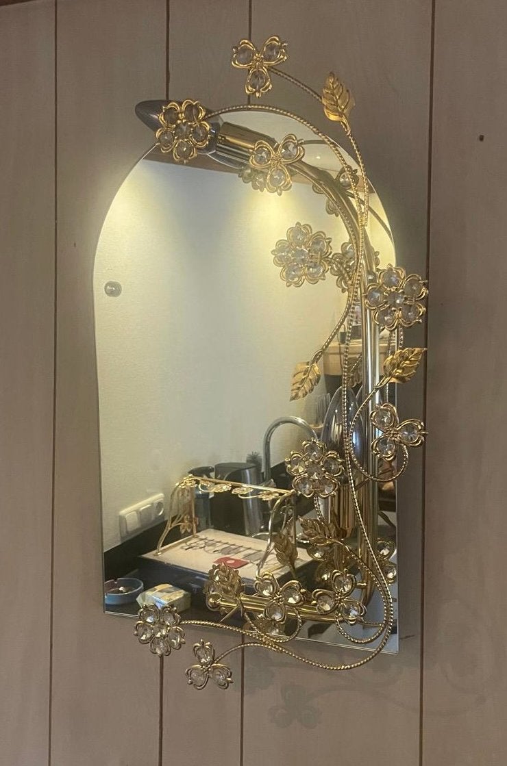 Spiegel bladgoud met Swarovski  en 2 bladgoud fotolijsten, Ophalen, Zo goed als nieuw, Rechthoekig, Minder dan 100 cm