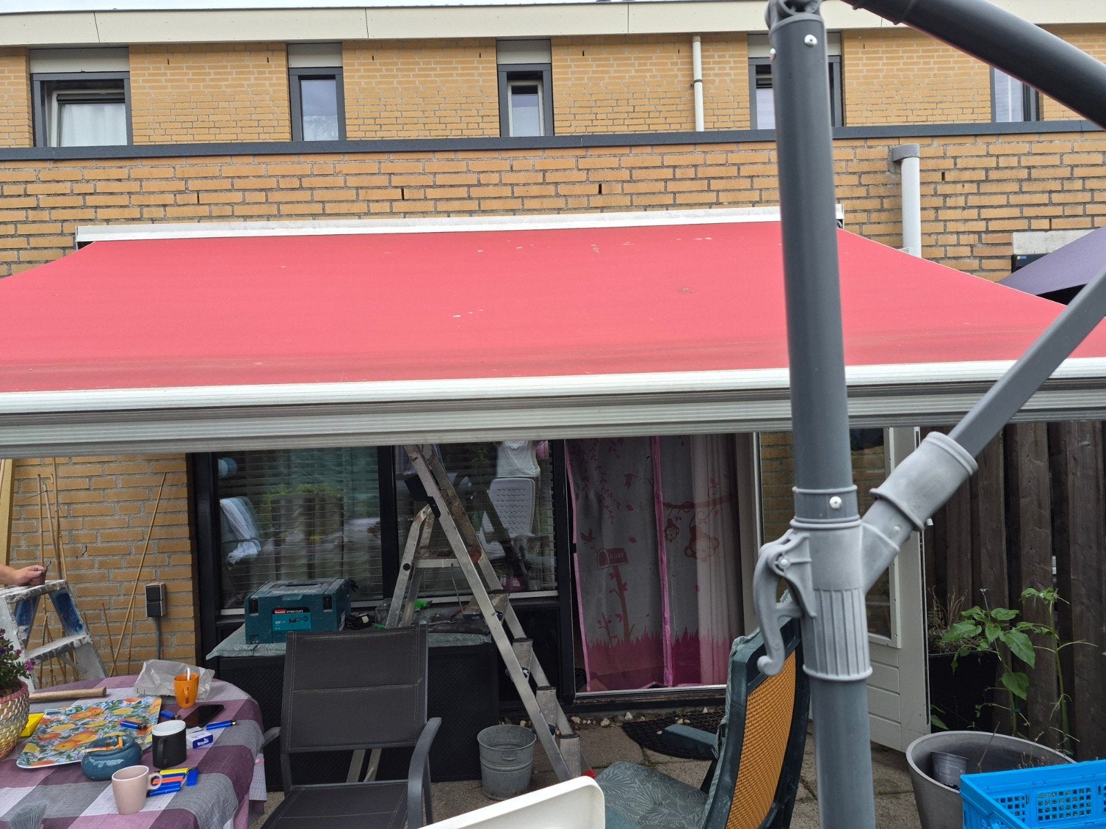 Zonnescherm met knikarm 3,60m breed, uitval 2-2,5m - prima s, Ophalen, Gebruikt, 150 tot 300 cm, 250 cm tot 450 cm