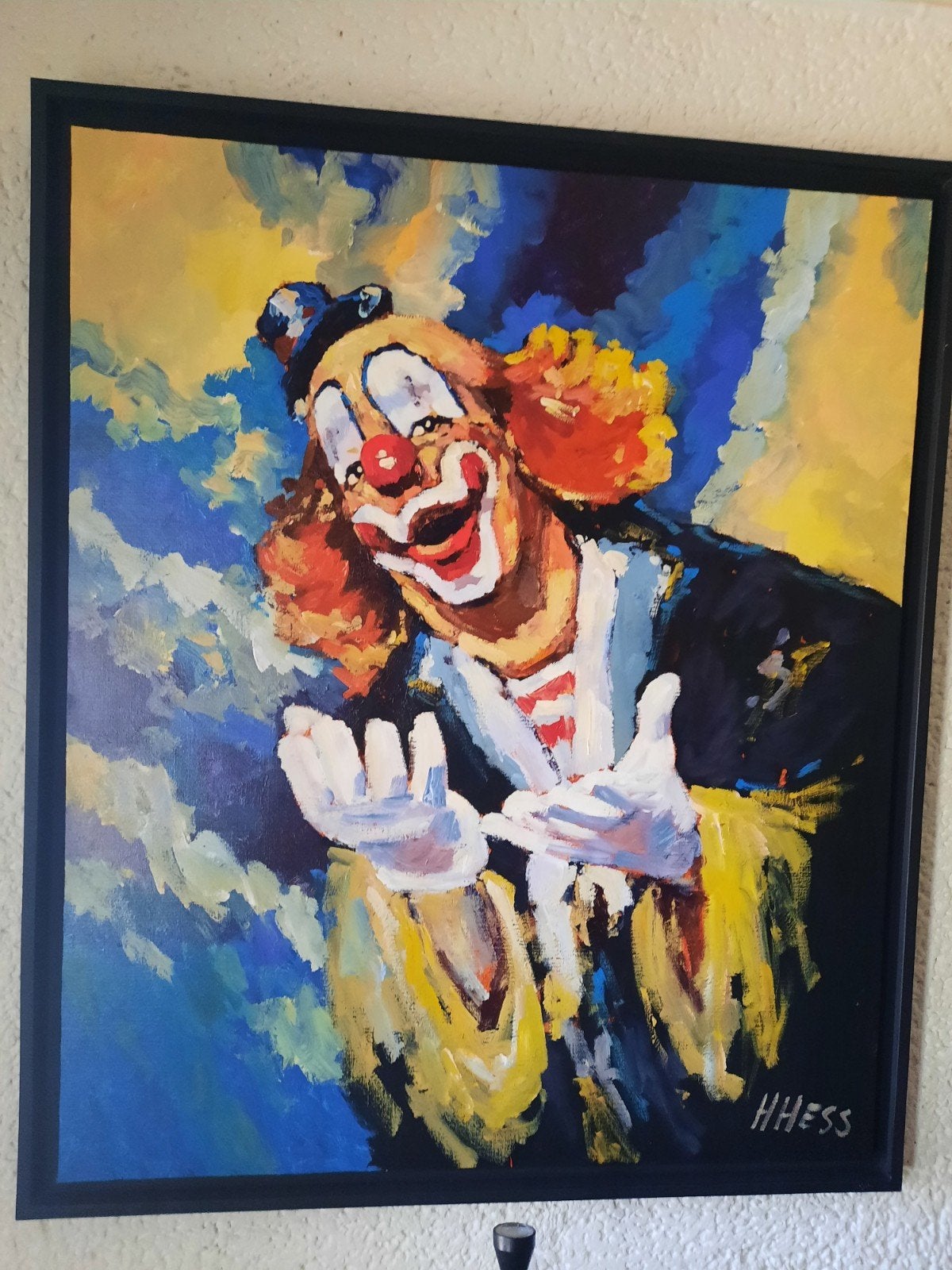Henri Hess , Clown, Acryl op linnen zeer GROOT !!!!!, Ophalen, Ingelijst, Textiel, Figuren