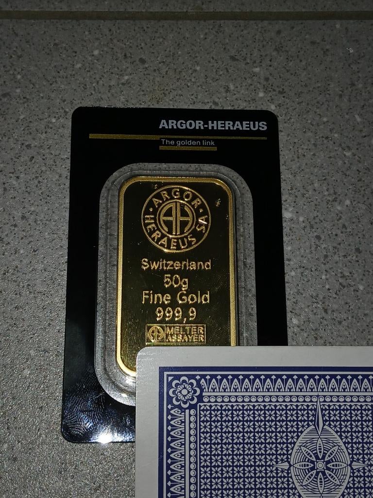 50 gram Argor-Heraeus Goudbaar 999,9 met factuur, Postzegels en Munten, Ophalen of Verzenden