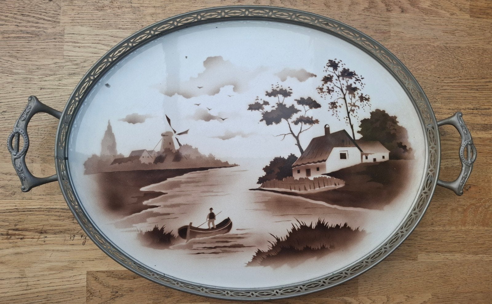 Antiek dienblad met landschap en molen, Ophalen of Verzenden