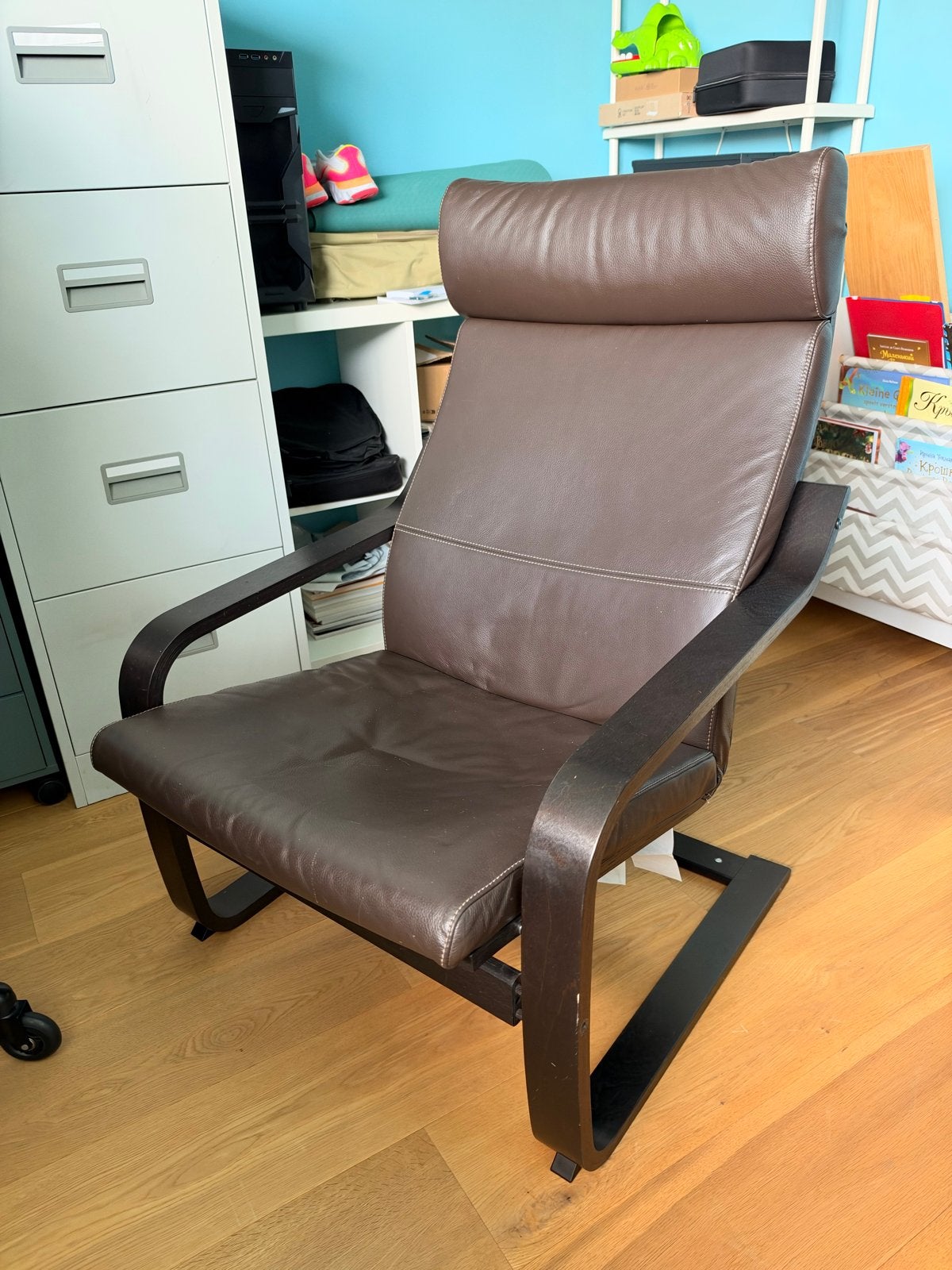 Ikea Poäng fauteuil en voetenbank - Bruin leer, Ophalen, Gebruikt, Bruin, Eén